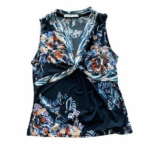 Tahari Floral V-Neck Criss Cross Sleeveless Blue Blouse